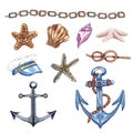 Beautiful Watercolor nautical set. Include lighthouse, anchor, corals, seaweed, whale, shells, steering-wheel and buoy