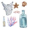 Beautiful Watercolor nautical set. Include lighthouse, anchor, corals, seaweed, whale, shells, steering-wheel and buoy