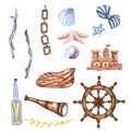 Beautiful Watercolor nautical set. Include lighthouse, anchor, corals, seaweed, whale, shells, steering-wheel and buoy