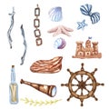 Beautiful Watercolor nautical set. Include lighthouse, anchor, corals, seaweed, whale, shells, steering-wheel and buoy Royalty Free Stock Photo