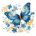 A beautiful watercolor painting of a blue and gold butterfly surrounded by delicate flowers