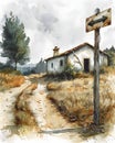 Watercolor painting of a house and sign on a dirt road in a natural landscape Royalty Free Stock Photo