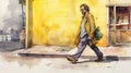 Daniel Walking On Sidewalk Watercolor