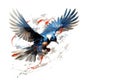 Beautiful watercolor painting of red billed blue magpie bird spreading its wings to fly. Birds. Wildlife Animals. Illustration,