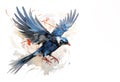 Beautiful watercolor painting of red billed blue magpie bird spreading its wings to fly. Birds. Wildlife Animals. Illustration,