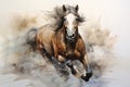 Beautiful watercolor painting of a running brown horse. Wild Animals. Illustration, Generative AI Royalty Free Stock Photo