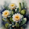 Beautiful watercolor painting of suculent and blooming cactus in Scandinavian style AI Computer Generated Image