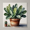 Beautiful watercolor painting of suculent and cactus plants in pot in Scandinavian style AI Computer Generated Image