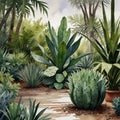 Beautiful watercolor painting of suculent and other tropical plants in pot in Scandinavian style AI Computer Generated Image