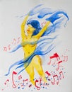 Beautiful watercolor painting of woman dancing in joy. Handmade watercolor illustration. Hand painted watercolor illustration. Royalty Free Stock Photo