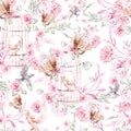 Beautiful watercolor pattern with birds and flowers and bird cage. Royalty Free Stock Photo