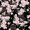 Beautiful watercolor pattern with birds and flowers and bird cage. Royalty Free Stock Photo