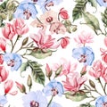 Beautiful watercolor pattern with flowers orchid, magnolia and rose.