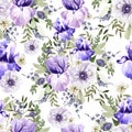 Beautiful watercolor pattern with peony, iris, anemone and roses flowers.