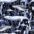 Beautiful watercolor pattern with seafloor. Whales, fish, seaweed and shellfish.