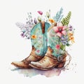 Wild West in Bloom: Watercolor Cowboy Boots in a Meadow of Colorful Flowers AI Generated