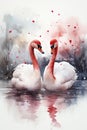 beautiful watercolor portrayal of two swans, creating a perfect sentiment for a Valentine's Day card.Ai generated