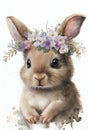 Beautiful watercolor rabbit baby portrait, great design with flowers crown. Cute wildlife animal cartoon drawing Poster