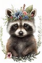 Beautiful watercolor raccoon baby portrait, great design with flowers crown. Cute wildlife animal cartoon drawing Poster