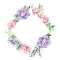 Beautiful watercolor rhombus frame border with peony, flower, foliage, branches and more.