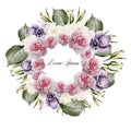 Beautiful watercolor of roses and flower anemone . Bridal wreath.