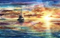 Beautiful watercolor sea landscape illustration with sunset, sky and clouds, ship, vessel, boat in ocean, water reflections art Royalty Free Stock Photo