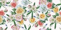 Beautiful watercolor seamless pattern with chrysanthemum, peony and rose. Illustration. Hand drawn