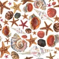 Beautiful watercolor seamless pattern with colorful sea shells and stars for decorative design. Artistic backdrop Royalty Free Stock Photo