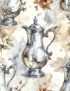 Elegant Silver Teapot Watercolor Seamless Pattern with Floral Accents Royalty Free Stock Photo
