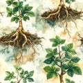 Watercolor seamless pattern with trees and roots, botanical illustration, nature-inspired design, earthy tones, organic texture, Royalty Free Stock Photo