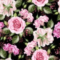 Beautiful watercolor seamless pattern with flowers of rose and peony, berry.