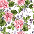 Beautiful watercolor seamless pattern with flowers of rose, peony, lavender. Royalty Free Stock Photo