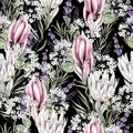 Beautiful watercolor seamless pattern  with protea flowers, gypsophila, lavender and eucalyptus leaves Royalty Free Stock Photo