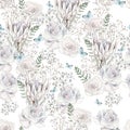 Beautiful watercolor seamless pattern  with rose, protea, butterfly and blue flowers forget me not Royalty Free Stock Photo