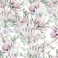 Beautiful watercolor seamless pattern  with rose, protea flowers and eucalyptus leaves Royalty Free Stock Photo