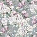 Beautiful watercolor seamless pattern  with rose, protea flowers and eucalyptus leaves Royalty Free Stock Photo