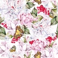 Beautiful  Watercolor Seamless Pattern With Roses And Peony, Red Currant, Butterfly.