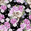 Beautiful watercolor seamless pattern with skull and flowers of peony and roses Royalty Free Stock Photo