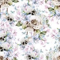 Beautiful watercolor seamless pattern with skull and flowers of peony and roses Royalty Free Stock Photo