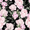 Beautiful Watercolor  seamless pattern with spring peony flowers and green leaves. Royalty Free Stock Photo