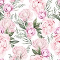 Beautiful Watercolor  seamless pattern with spring peony flowers and green leaves. Royalty Free Stock Photo