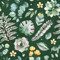 Beautiful Watercolor Seamless pattern with succulent plants,palm and fern leaves,branches,flowers Royalty Free Stock Photo