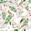 Beautiful watercolor seamless pattern with tropical leaves, orchids flower, bird and butterfly Royalty Free Stock Photo