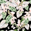 Beautiful watercolor seamless pattern with tropical leaves, orchids flower, bird and butterfly Royalty Free Stock Photo