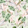 Beautiful watercolor seamless pattern with tropical leaves, orchids flower, bird and butterfly Royalty Free Stock Photo