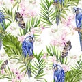 Beautiful watercolor seamless pattern with tropical leaves, orchids and hibiscus flowers, parrots. Royalty Free Stock Photo