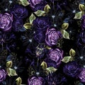 Beautiful watercolor seamless pattern with white and purple roses, bud and flowers.