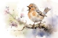 Beautiful watercolor singing bird in a garden on a white background