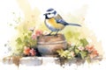Beautiful watercolor singing bird in a garden on a white background