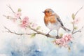 Beautiful watercolor singing bird in a garden on a white background